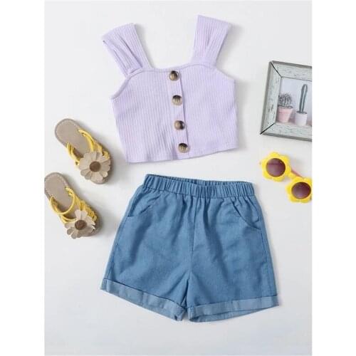 2-7Y Girl Clothing Set Summer Toddler Kid Girl Clothes Outfit Solid Single-breasted Sleeveless Vest Top Shorts 2pcs Set