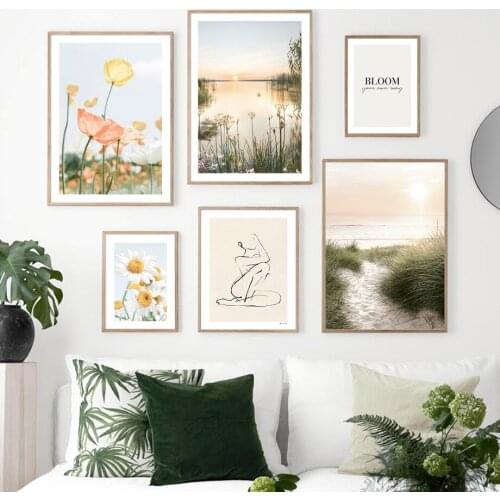 Sunset Beach Landscape Nature Canvas Painting Female Line Art Poster Daisy Botanical Wall Art Photographic Living Room Decor