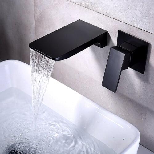 Basin Faucet Conceal Black Bathroom hot and cold Waterfall Sink Tap Brass Wall Mounted Mixer