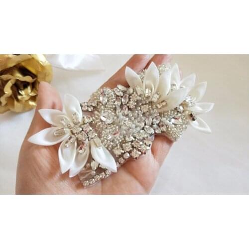 Rhinestone Crystal Applique With 3D Chiffon Leaves For Bridal Accessories Wedding Dress Sash Haute Couture Costume Embellishment