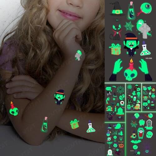 Luminous Waterproof Temporary Tattoo Sticker Vampire Cross Halloween Skull Ghost Night Glowing Tatto Boy Child Kid 3D Fake Tatoo