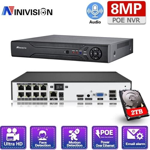 NINIVISION H.265 8CH 4K POE NVR Audio Face Detection Security CCTV NVR ONVIF P2P System Network Video Recorder For POE IP Camera