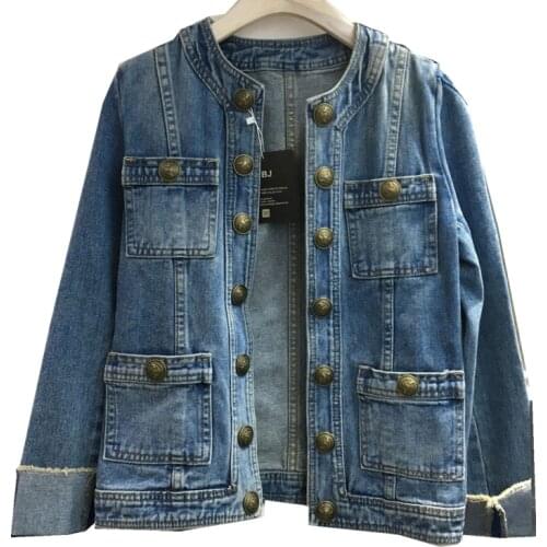 2021 Autumn New Women Jacket Metal Button Curling Long Sleeve O Neck Denim Jacket Multi-Pockets Decoration Retro Coats Female
