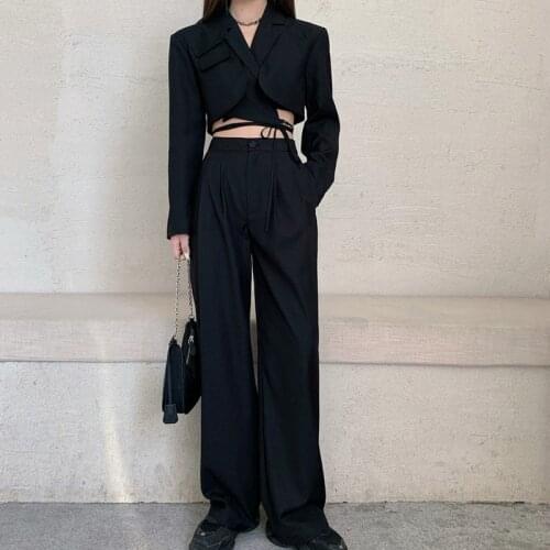 Women Korean Streetwear Suit Two Piece Sets Short Lace-up Tops High Waist Long Wide Leg Pants Office Lady Outfits