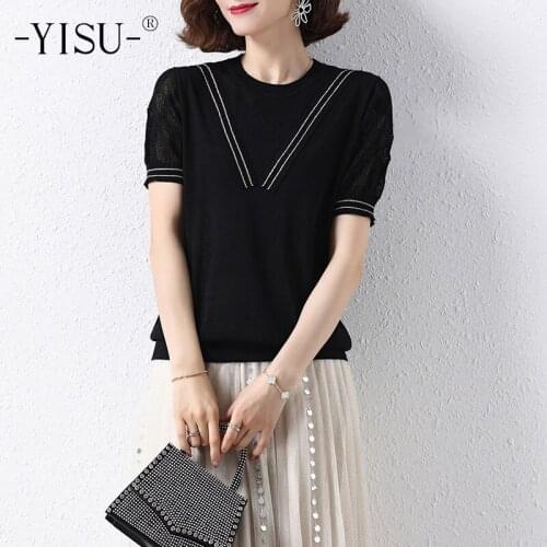 YISU Summer New Knitted Sweater Women Loose Jumper Female Pullover O neck Short sleeve Women Solid color Lines Casual Sweater