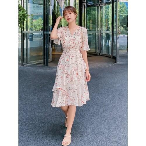 Women Long White Chiffon Printed Dress Summer 2020 Runway Elegant Korean Party Dress Ruffle Vintage Boho Beach Vacation Dresses