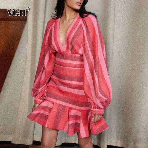 VGH Hit Color Striped For Female V Neck Lantern Sleeve High Waist Bodycon Slim Dresses Women 2020 Autumn New Clothing Stylish