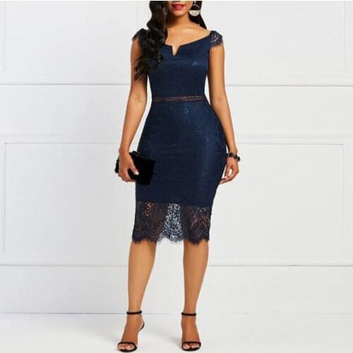 S~ 2XL Women Slim Dress Short Sleeve Party Clothing Sexy Navy Lace Stitching Dress