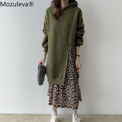 Mozuleva Autumn Winter Women Dresses 2021 Thick Hoodies Patchwork Dresses for Women Loose Leopard Print Maxi Vestidos Female