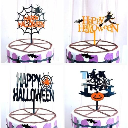 1 PCS Black Gold Happy Halloween Cake Topper Dessert Table Dessert Dress Up Party Pumpkin Cake Topper for DIY Party Decoration