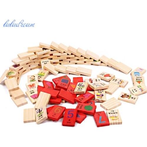 100pcs/lot Knowledge Domino Toys Children Wooden Building Blocks Games Colored Printing Domino Early Learning Puzzle Toy