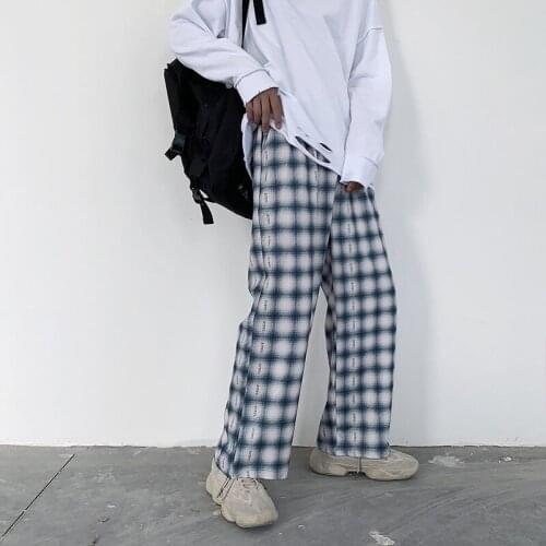 Cotton Plaid Pants Mens Fashion Retro Casual Straight Pants Men Streetwear Loose Hip-hop Wide-leg Pants Men Trousers S-2XL