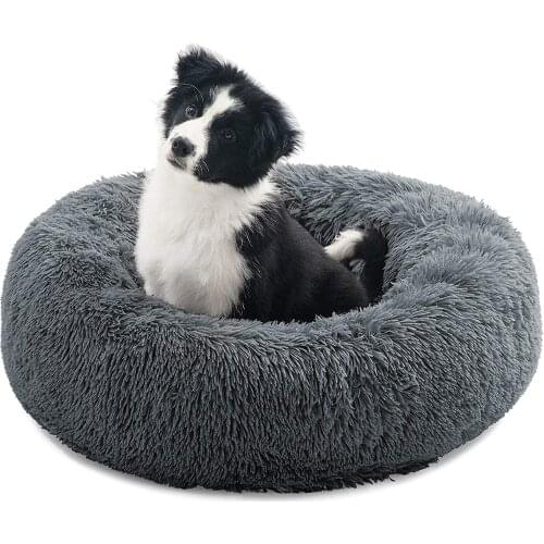 Plush Donut Cat Cushion Bed Indoor Soft Faux Fur Dog Bed Shaggy Fluffy Round Cuddler -Machine Washable No-Slip Bottom