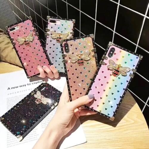 Luxury Bling Cute Bee Design Square Phone Case for Women Fashion Cover for iPhone 12 11 Pro Max X Xr Xs Max 8 7 6s plus SE