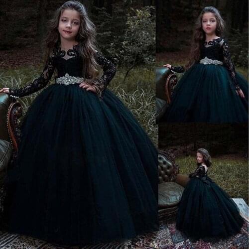 Black Long Sleeve Flower Girl Dresses for Wedding Crystal Sash Beaded Lace Appliques Pageant Gowns For Girls Kids Formal Wear