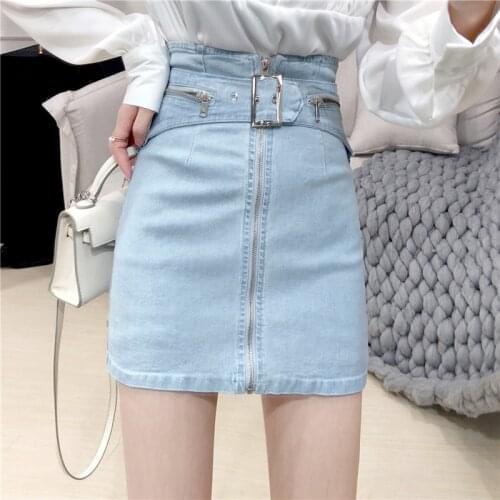 Spring Summer Women A-Line Denim Skirt Belt Zipper Fashion High waist Mini Skirt Female Korean Casual Sexy Short Jeans Skirts