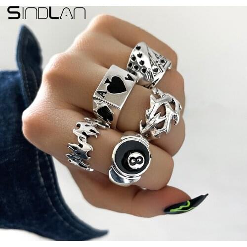 Sindlan 5Pcs Punk Silver Color Poker Ring for Women Y2k Billiards Flame Set EMO Couple Fashion Jewelry Stranger Things Anillos