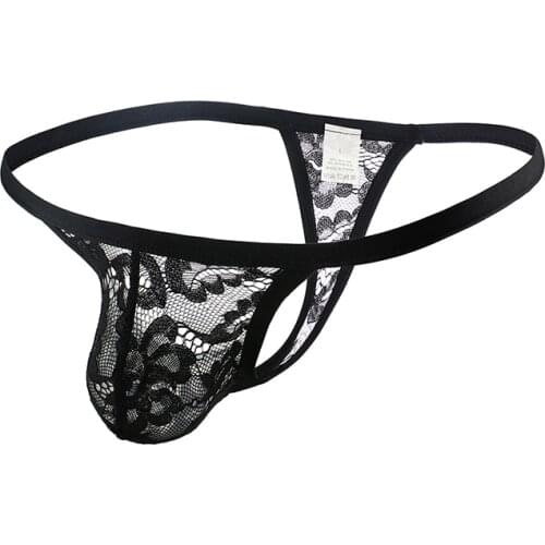 Mens Super Sexy Lace Underwear Ice Silk Thong Transparent Panties Men T-back U Convex Underpants hombre Thongs T Pants