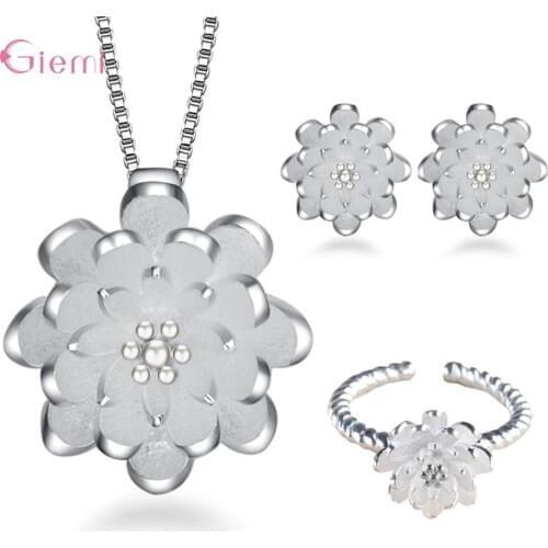 925 Sterling Silver Beautiful Luxury Elegant Lotus Pendant Necklace Drop Earrings Open Rings Set For Women Female Wedding Gifts