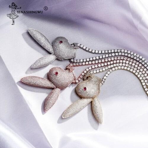 Fashion New Hip Hop Long Ear Rabbit Head Pendant Iced Out Cubic Zirconia Necklace Copper Material Hip Hop Jewelry Gift For Men