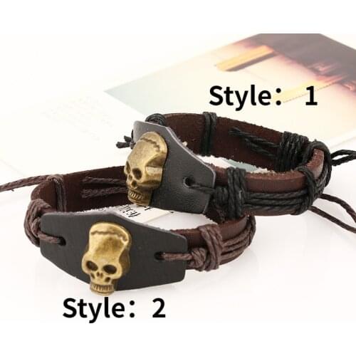 Punk Retro Hand Woven Hemp Rope Cowhide Bracelet Gothic Horror Skull Bracelet Domineering Mens Nightclub Party Jewelry