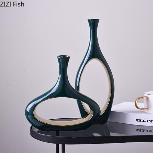 Modern Hollow Ceramic Vase Small Caliber Flower Arrangement Green Gold Vase Dining Table Wine Cabinet Decoration Home Decoration