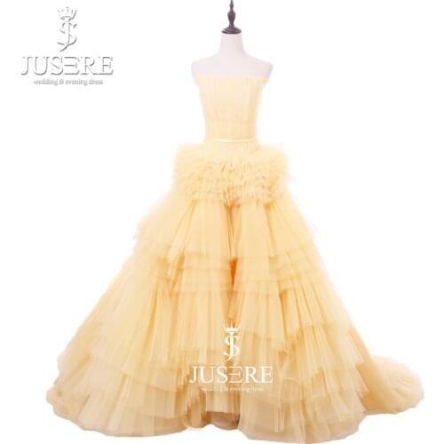 Strapless Neckline A line Tiered Yellow Tulle Lace up Back Court Train Young New Arrival Prom Formal Evening Dresses 2018