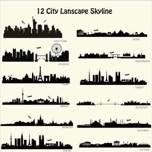 12City Lanscape Wall Sticker Modern City Skyline Wall Decal DIY Home Wall Decoration Removable Cut Vinyl Pairs London Berlin