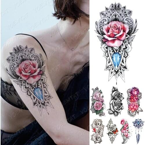 Waterproof Temporary Tattoo Sticker 3D Rose Gem Lotus Flash Tattoos Lip Butterfly Flower Body Art Arm Fake Sleeve Tatoo Women