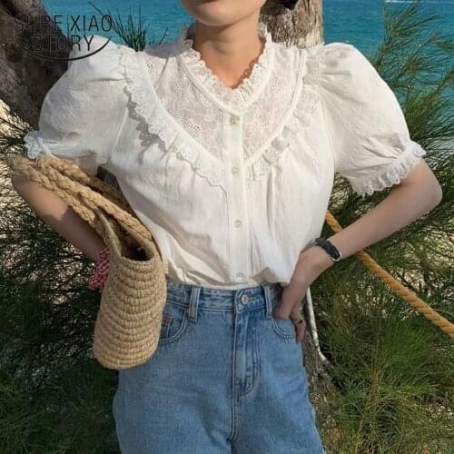 Women Blouse 2021 French Retro Palace Style Embroidery Crochet Lace Stitching Shirt Puff Short Sleeve Hollow Sweet Tops 15353