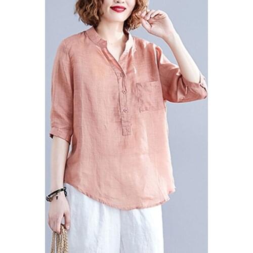 Women Cotton Linen Casual Shirt New 2020 Summer Simple Style Vintage Solid Color Loose Comfortable Female Tops Shirts S1635
