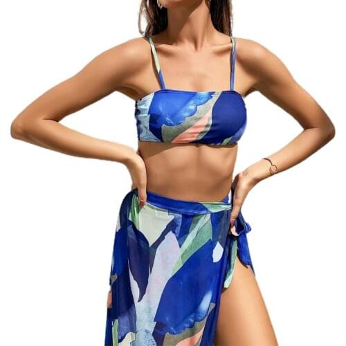 Women Sexy 3pcs Bikini Set Graphic Printed Tube Top Bra Triangle Bottom Swimsuit with Tie Waist Beach Skirt Cover Up