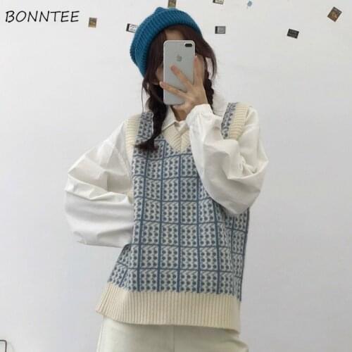 Sweater Vest Women College Style Lovely Plaid Korean V-neck All-match Ladies Sleeveless Knitwear Stylish Simple Womens Sweaters
