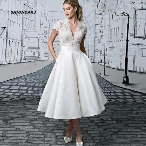 2020 Vintage Lace Satin Short Wedding Dresses for Women Corto Bridal Gowns Vestido De Novia Robe Mariage Online Shop Undefined