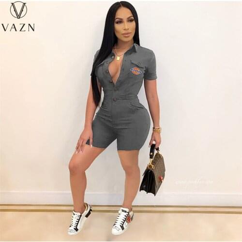 VAZN 2021 INS Wind V-neck Print Casual Soft Elastic Short Sleeve Young Sexy Daily Simple Fashion High Waist Skinny Playsuits