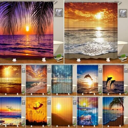 Sunlight Ocean Beach scenic Fabric 3d Shower Curtain Bathroom Curtains Sunset Dusk Sea Animal Dolphin Bath Screen with 12 Hooks
