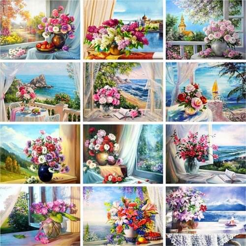 HUACAN 5d Diamond Painting Flower Mosaic Window Full Square Diamond Embroidery Seaside Handicraft DIY Wall Art