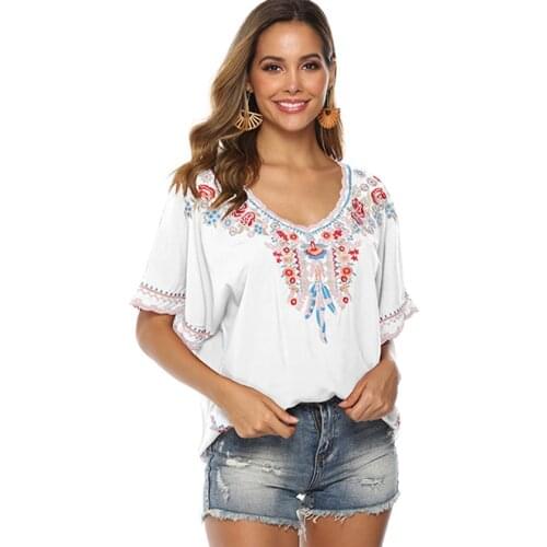 Le Luz Red Floral Embroidery Blouses Shirt Cotton Boho Hippie Mexican Shirt Short Sleeve Plus Size 23xl Ethnic Hippie Shirt 2021