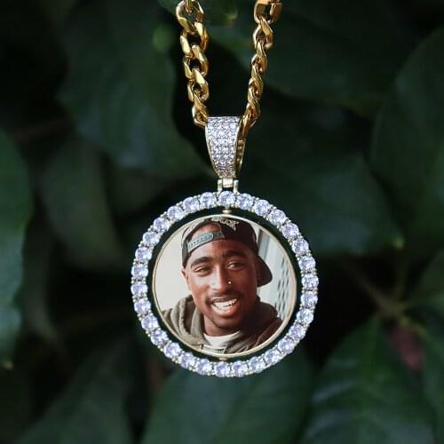 D&Z Custom Made Photo Rotating Round Shape Double-Sided Pendant Necklace 4mm Tennis Chain Zircon Mens Hip Hop Jewelry