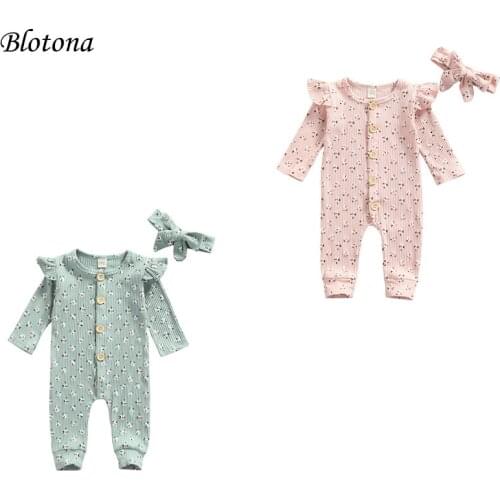 Blotona Baby Casual Long Sleeve Jumpsuit Fashion Printing Single-breasted Round Neck Long Romper, 0-24Months