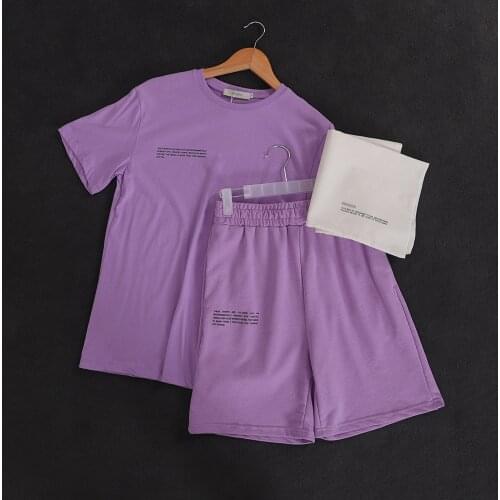 Woman Tshirts Long Shorts Two Piece Set 100% Cotton Solid Color Letter Print Short Sleeve Tops+High Waist Drawstring Sweatpants