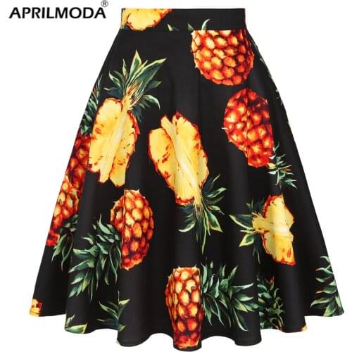 Cotton Pineapple Print Summer Women Tunic Midi Skirts Black Plus Size Skater High Waist 50s 60s Swing Pin Up Aline Party Skirts
