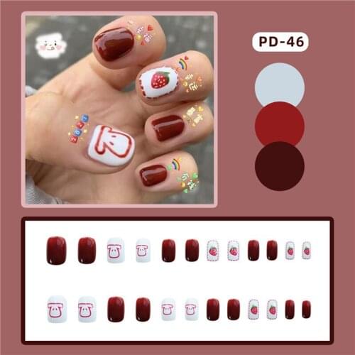 24Pcs Short Round Head Fake Press On Nail Cute Red Color Strawberry Puppy print Artificial Fingernails Fully Covered Nail Decor