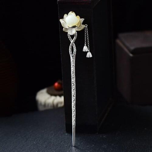 Sterling silver Hetian jade lotus classical hairpin tassel lotus root ancient style hosta plate hairpin wedding headdress