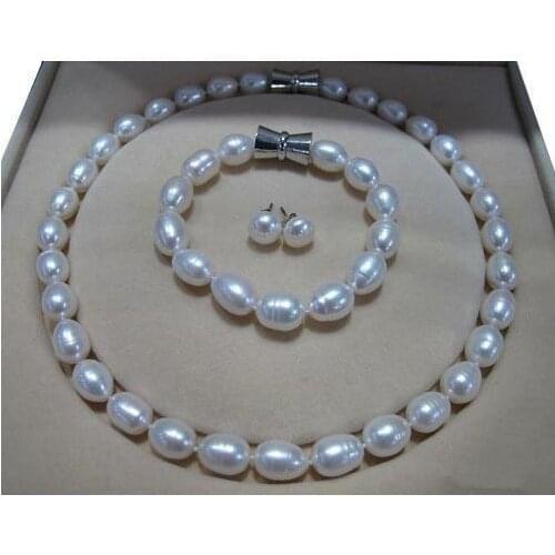 Perfect Pearl Jewelry Set 18 inch 10-12mm White Freshwater Pearl Necklace Bracelet Earrings Magnet Clasp