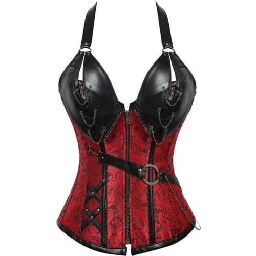 Steampunk Corset Sexy Gothic Bustier Top Overbust Plus Size 6xl Halter Zipper Corset Faux Leather Vintage Corselet Steel Boned