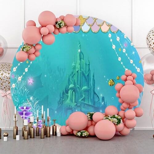 Laeacco Mermaid Round Background For Photography Castle Fish Pearl Shell Coral Birthday Party Banner Circle Backdrop Photostudio