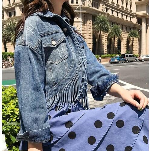 Spring Autumn New Korean Womens Denim Short Jacket Vogue Irregular Tassel Bust Girls Ladies All-match Basic Coats
