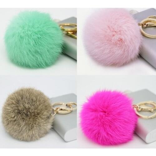 Hot Sales 8CM Super Round Metal Key Chain Real Rabbit Hair Bulb Fur Plush Pom Poms Ball Bag Car Ornaments Pendant Key Ring