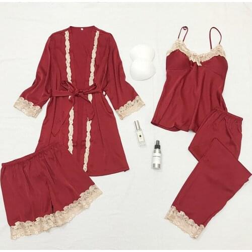 Hot Sale Spring And Summer Satin Pajama Set Women Turn-down Collar Silk Satin Pajamas 4 Set Fashion Women Lace Pajama Suit